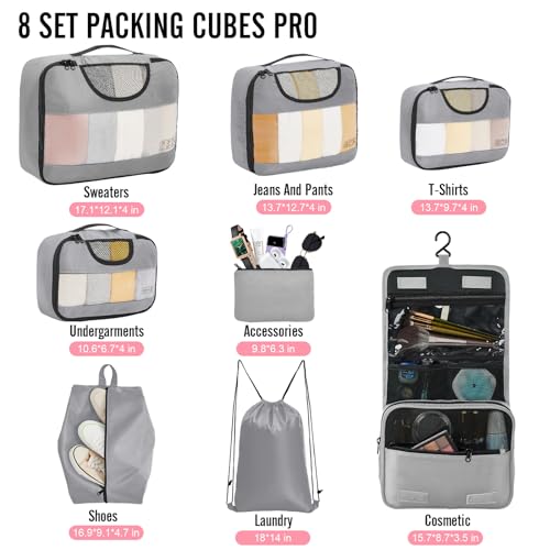Veken 8 Set Packing Cubes for Travel, Suitcase Essentials Organizer Bags Set for Luggage, Road Trip Travel Accessories in 4 Sizes (Extra Large, Large, Medium, Small)