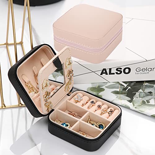 Small Travel Jewelry Box With Mirror, Portable Jewelry organizer Display Storage Box for Earrings Rings Necklaces, Jewelry ase for female Girls (Black) 1pc