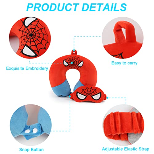 Superhero Travel Pillow for Kids & Adults with Sleep Eye Mask, Memory Foam U-Shaped Neck Pillow with Washable Cover, Soft Head Support Travel Accessories for Airplane Car Train Bus Recline, Red