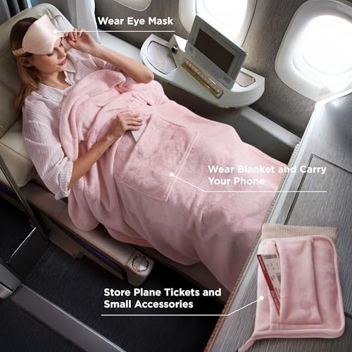 Bedsure Travel Blanket Airplane Compact with Storage Bag, Packable Blanket with Eye Mask, Lightweight 3-in-1 Travel Essentials, Functioned as Pillow for Airplane Comfort and Warmth, Pink