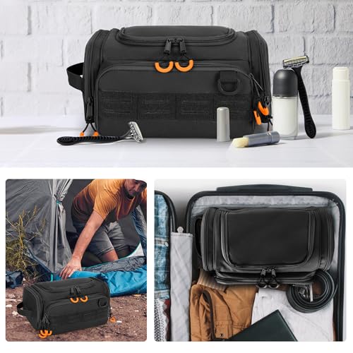 Tactical Toiletry Bag for Men, Hanging Hygiene Bag, Travel Dopp Kit Organizer for Shaving, Shower Essentials and Toiletries, Black (Empty Bag)