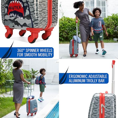 NAUTICA Kids Luggage - 18" Airline Approved Rolling Hardside Upright Carry-on Suitcase Set with Wheels (Shark Attack | 5pc Travel Set)