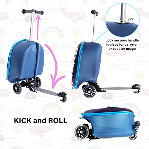 KIDDIETOTES 3-D Hardshell Luggage Scooter for Kids - Lightweight Rideable Luggage for kids - Fits in Overhead Bins - LED Light Up Wheels