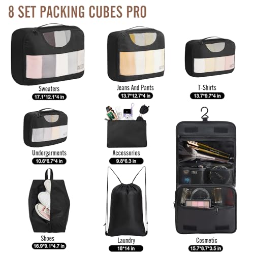 Veken 8 Set Packing Cubes for Travel Essentials, Suitcase Organizer Bags Set for Luggage, Road Trip Travel Accessories in 4 Sizes (Extra Large, Large, Medium, Small), Black