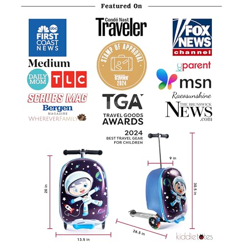 KIDDIETOTES 3-D Hardshell Luggage Scooter for Kids - Lightweight Rideable Luggage for kids - Fits in Overhead Bins - LED Light Up Wheels