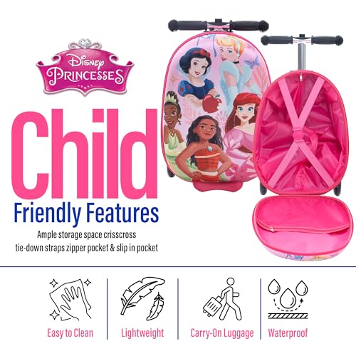 Fast Forward Disney Princess Suitcases for Girls – 18” Lightweight Kids Ride On Suitcase Scooter – 4” Wider Non-Slip Standing Deck with Weight Limit (Luggage 11lbs and Scooter 100lbs)