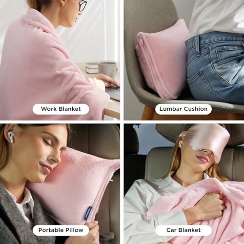 Bedsure Travel Blanket Airplane Compact with Storage Bag, Packable Blanket with Eye Mask, Lightweight 3-in-1 Travel Essentials, Functioned as Pillow for Airplane Comfort and Warmth, Pink
