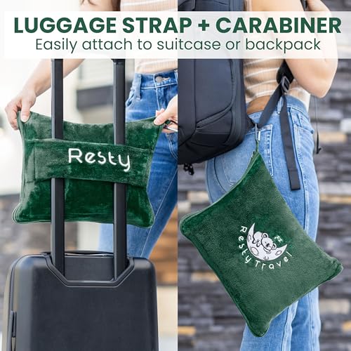 Resty Travel Blanket - Compact Airplane Blanket with Bag - Small and Lightweight Traveling Blanket & Pillow - Portable Blankets with Carabiner for Easy Transport - Plane Train Car (Forest Green)