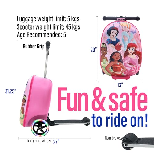 Fast Forward Disney Princess Suitcases for Girls – 18” Lightweight Kids Ride On Suitcase Scooter – 4” Wider Non-Slip Standing Deck with Weight Limit (Luggage 11lbs and Scooter 100lbs)