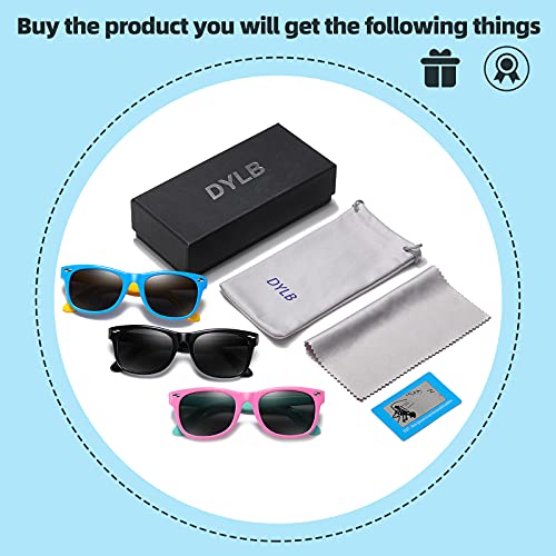 DYLB Kids Polarized Sunglasses for girls boys 3 Pack, Flexible TPEE Rubber Frame for Children Age 3-8.