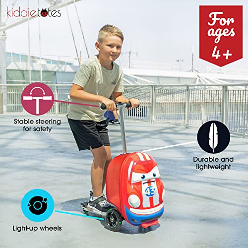 Kiddietotes 3-D Hardside Scooter Ride On Suitcase for Kids - Cute Lightweight Kids Luggage with Wheels - Fun LED Lights
