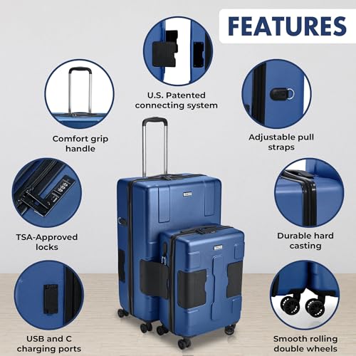 Tach V3.1 Hard Shell 2 Piece Luggage Set - 20 & 28 inch Luggage | Carry On & Large Checked Suitcases | Patented Built-In Connecting System | Rolling Suitcase Links 9 Bags (Midnight Blue)