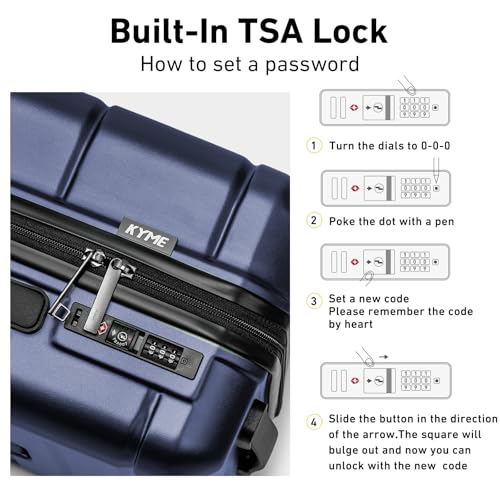KYME Navy 2 Piece Luggage Sets with Spinner Wheels Hardside 22/26 Inch Suitcase Sets with TSA Lock 22x14x9 Carry On Travel Rolling Luggage Set with Cup Holder for Women Men