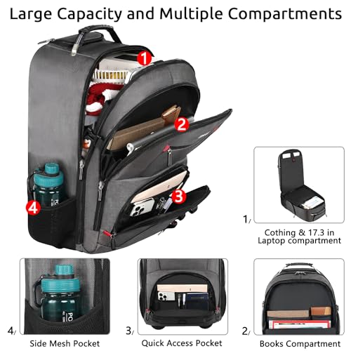 ZOMFELT Rolling Backpack, Travel Backpack with Wheels, Carry on Backpack with 3 Packing Cubes, 17.3 Inch Wheeled Laptop Backpack for Men Women Adults to Travel Work Business Grey