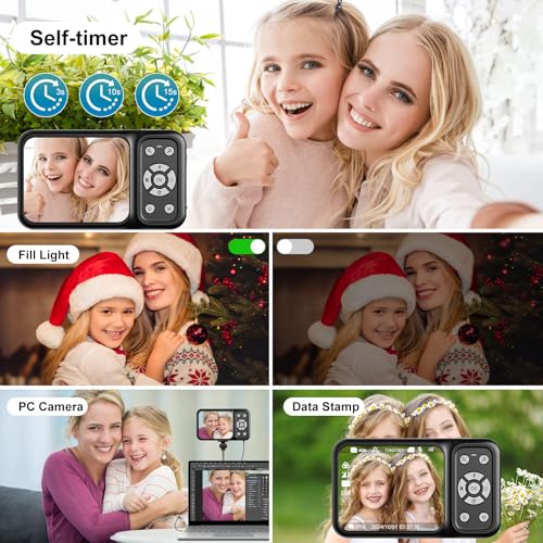Digital Camera, 4K 64MP Dual Screens Camera, 18X Zoom, Point and Shoot Digital Camera with 64GB TF Card & 2 Batteries, Portable Rechargeable Small Camera for Kids Teens Adult, Black