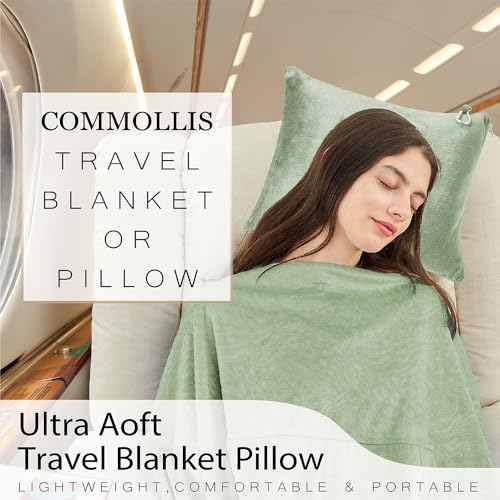 Commollis 2-in-1 Travel Blanket & Pillow for Airplane, Car, Train - Warm Compact Flight Blanket with Luggage Strap & Backpack Clip, Machine Washable, All-Season Use