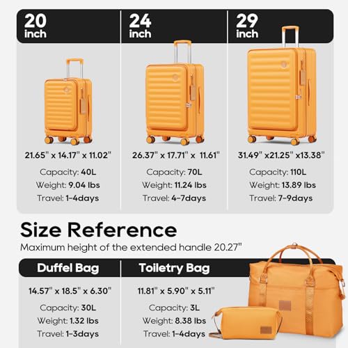 Joyway Luggage Sets 5 Piece with Front Pocket, PC Hardside Expandable Carry on Suitcase with Spinner Wheels and TSA Lock, Orange