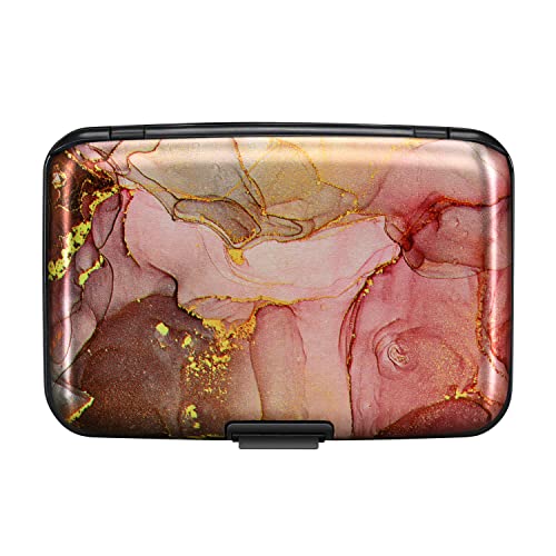 ELFISH Mini RFID Aluminum Wallet Credit Cards Holder Business Card Case Metal ID Case for Men Women（Pink Grey Marble