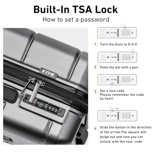 KYME Silver Grey 2 Piece Luggage Sets with Spinner Wheels Hardside 22/26 Inch Suitcase Sets with TSA Lock 22x14x9 Carry On Travel Rolling Luggage Set with Cup Holder for Women Men