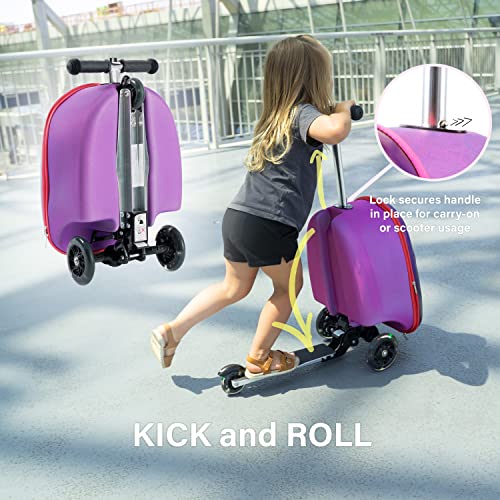 KIDDIETOTES Hardshell Kids Ride On Luggage with Scooter Suitcase for Girls Ages 5-12 - Carry-On Compliant with LED Light-Up Wheels