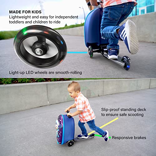KIDDIETOTES 3-D Hardshell Luggage Scooter for Kids - Lightweight Rideable Luggage for kids - Fits in Overhead Bins - LED Light Up Wheels