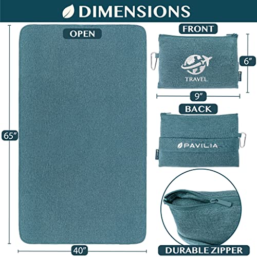 PAVILIA Travel Blanket Airplane Compact with Bag, Small Travel Pillow Blanket Long Flights, Lightweight Plane Blanket with Luggage Strap, Camping Blanket for Traveler Essentials, Teal Blue, 65x40