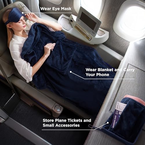 Bedsure Travel Blanket Airplane Compact with Storage Bag, Packable Blanket with Eye Mask, Lightweight 3-in-1 Travel Essentials, Functioned as Pillow for Airplane Comfort and Warmth, Navy