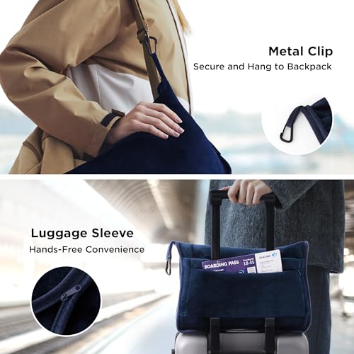 Bedsure Travel Blanket Airplane Compact with Storage Bag, Packable Blanket with Eye Mask, Lightweight 3-in-1 Travel Essentials, Functioned as Pillow for Airplane Comfort and Warmth, Navy