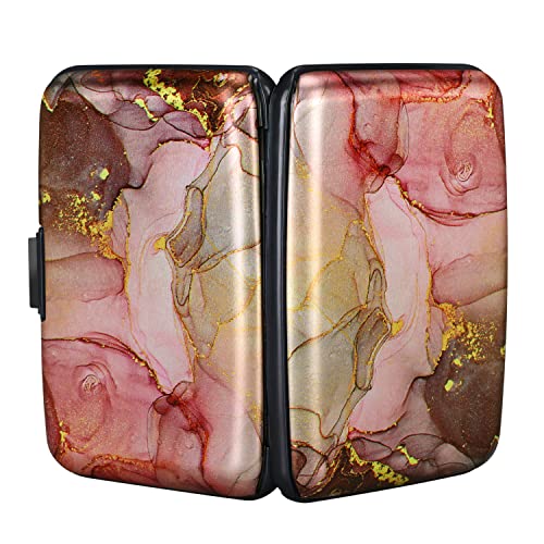 ELFISH Mini RFID Aluminum Wallet Credit Cards Holder Business Card Case Metal ID Case for Men Women（Pink Grey Marble