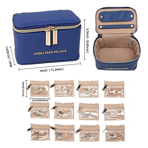 Angelina's Palace Jewelry Organizer Case Bridesmaid Gifts Travel Bag Vegan Leather Box for Necklace Earring Bracelet Ring(dark chambray)