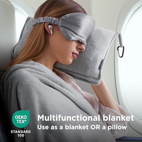 Bedsure Travel Blanket Airplane Compact with Storage Bag, Packable Blanket with Eye Mask, Lightweight 3-in-1 Travel Essentials, Functioned as Pillow for Airplane Comfort and Warmth, Grey