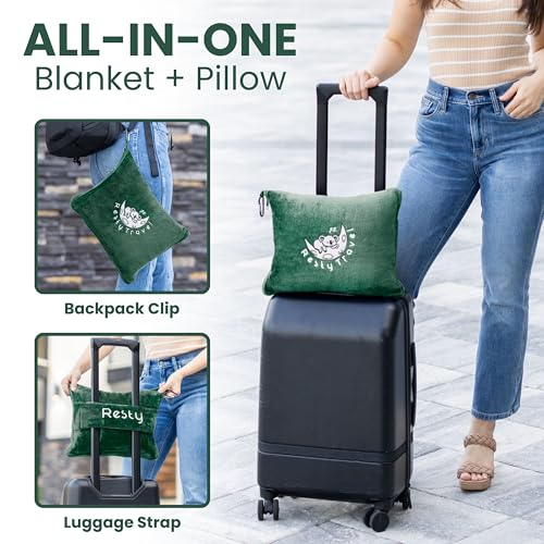 Resty Travel Blanket - Compact Airplane Blanket with Bag - Small and Lightweight Traveling Blanket & Pillow - Portable Blankets with Carabiner for Easy Transport - Plane Train Car (Forest Green)