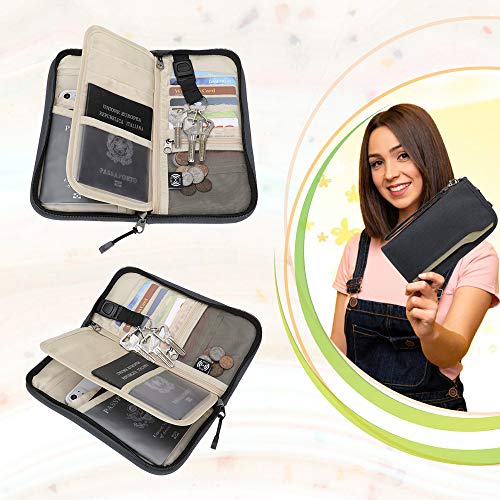 ZOPPEN Passport Holder Family RFID Passport Wallet, Passport Holder Women/Men, Travel Wallet Documents Organizer Zipper Case with Removable Wristlet Strap, Travel Essentials for Flying