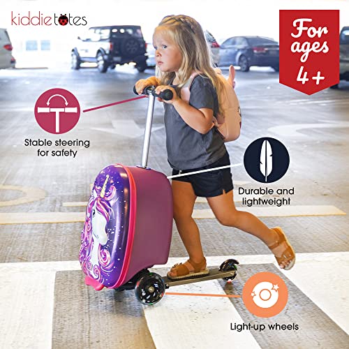 KIDDIETOTES Hardshell Kids Ride On Luggage with Scooter Suitcase for Girls Ages 5-12 - Carry-On Compliant with LED Light-Up Wheels