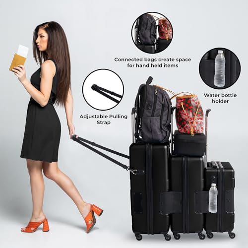 Tach V3.1 Hard Shell 3 Piece Luggage Set - 20, 24 & 28 inch Luggage | Carry On, Medium & Large Checked Suitcases | Patented Built-In Connecting System | Rolling Suitcase Links 9 Bags (Black)
