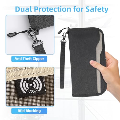 ZOPPEN Passport Holder Family RFID Passport Wallet, Passport Holder Women/Men, Travel Wallet Documents Organizer Zipper Case with Removable Wristlet Strap, Travel Essentials for Flying