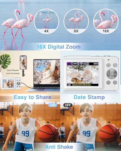 Digital Camera, Upgraded FHD 1080P Point and Shoot Kids Camera, with 32GB Card, 16X Zoom Time Stamp Anti Shake, Lanyard, Compact Portable Small, for Kid Starter Student Children Teen Girl Boy(White)