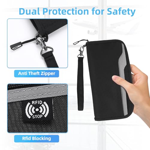 ZOPPEN Passport Holder Family RFID Passport Wallet, Passport Holder Women/Men, Travel Wallet Documents Organizer Zipper Case with Removable Wristlet Strap, Travel Essentials for Flying