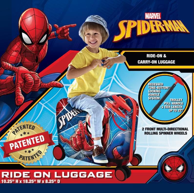 Fast Forward Spiderman Ride on Suitcase for Kids, 18'' Suitcase with Seat for Kids, Cute Lightweight Kids Travel Suitcase Trolley