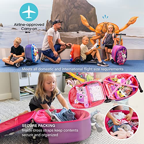 KIDDIETOTES Hardshell Kids Ride On Luggage with Scooter Suitcase for Girls Ages 5-12 - Carry-On Compliant with LED Light-Up Wheels