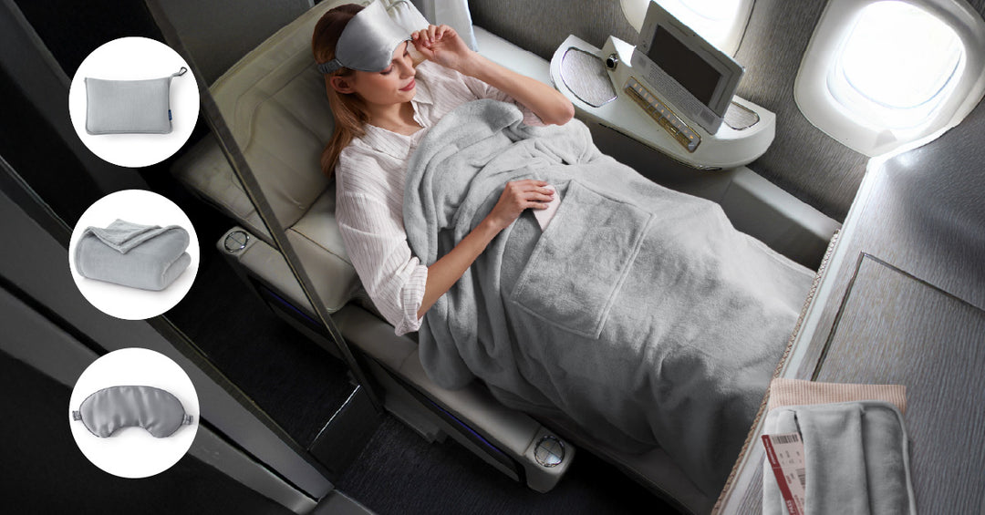 Bedsure Travel Blanket Airplane Compact with Storage Bag, Packable Blanket with Eye Mask, Lightweight 3-in-1 Travel Essentials, Functioned as Pillow for Airplane Comfort and Warmth, Navy