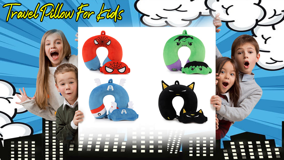 Superhero Travel Pillow for Kids & Adults with Sleep Eye Mask, Memory Foam U-Shaped Neck Pillow with Washable Cover, Soft Head Support Travel Accessories for Airplane Car Train Bus Recline, Green