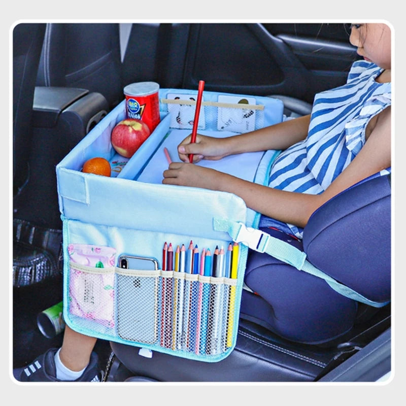 Kids Travel Tray Toddler Car Seat Lap Table Art Supplies Storage Pockets Waterproof For Baby Children Drawing Writing