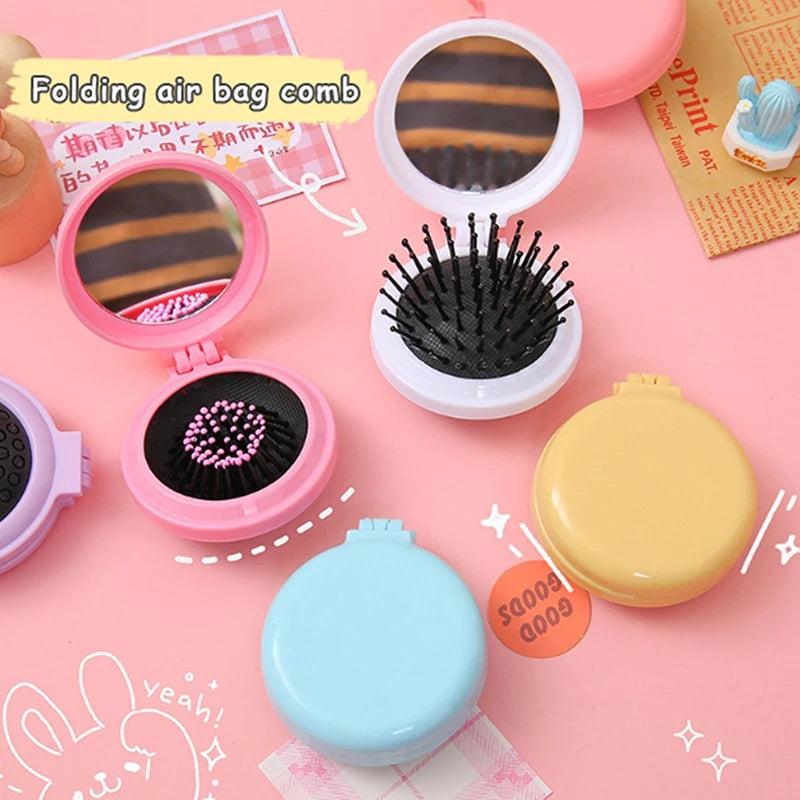 Folding Air Bag Comb With Mirror Compact Pocket Size Portable Travel Hair Brush Cosmetic Mirror Head Massager Relax Massage Comb