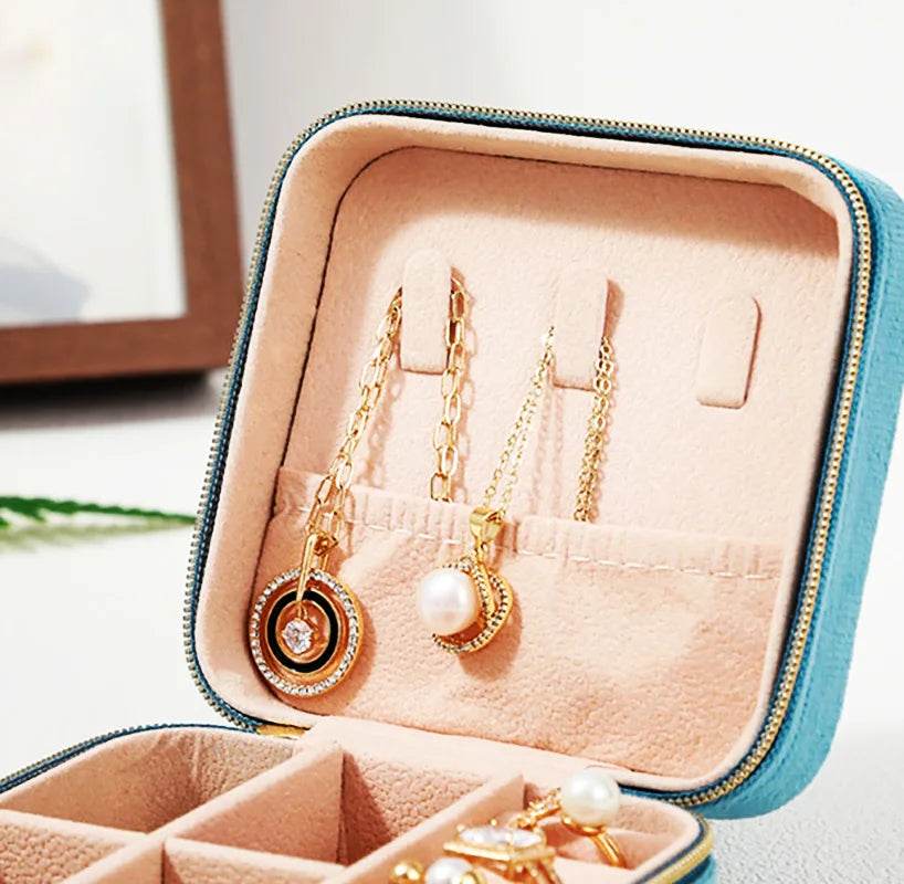 Plush Velvet Jewelry Box For Women Necklace Ring Earrings Organizer Holder Travel Portable Zipper Square Jewelry Storage Case