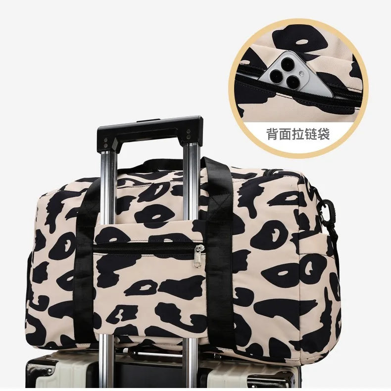 Fashion Leopard Pattern Luggage Bag Nylon Large Capacity Sports Gym Bag with Swim Wash Bag Weekend Overnight Travel Duffle Bag