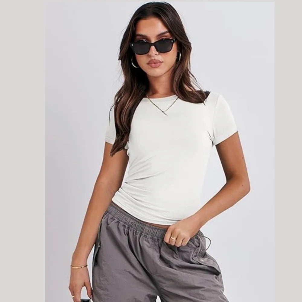 Womens Basic T-Shirts Crew Neck Short Sleeve Going Out  Cute Summer Tops Slim Fit Tees Y2k Clothing