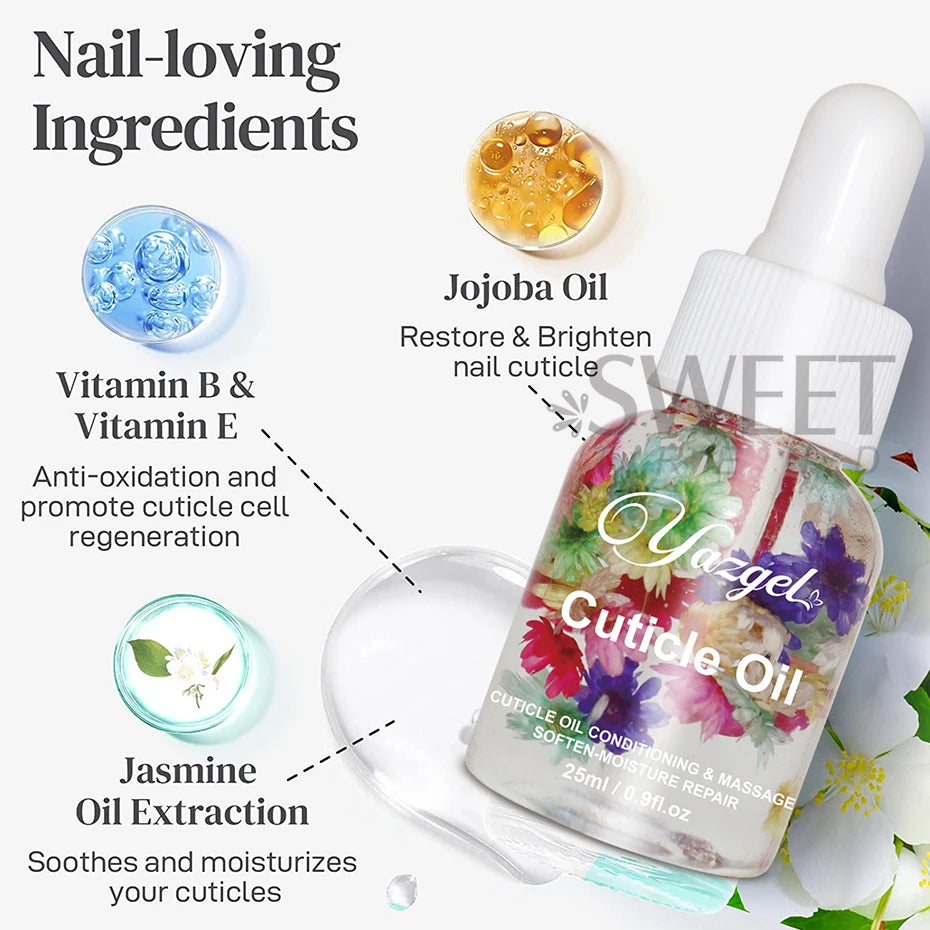 25ml Flower Nail Nutrition Oil Colorful Petals Nail Treatment Cuticle Revitalizer Oil Prevent Agnail Nail Polish Nourish Skin