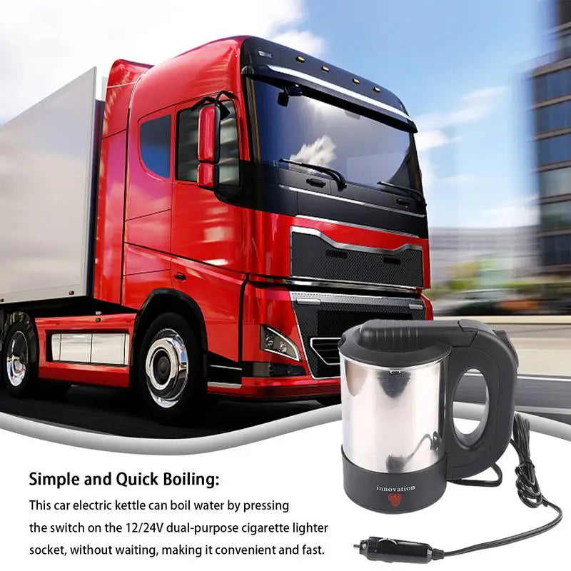 Car Truck Electric Travel Kettle Automotive 500ml Stainless Steel Coffee Mug 12V 24V Fast Water Boiler Cordless Kettle For Auto