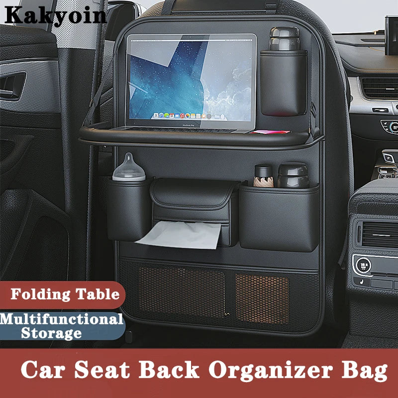 Leather Car Seat Back Organizer Bag Auto Back Seat Storage Bag Foldable Table Tray Tablet Holder Tissue Pockets Car Storage Box